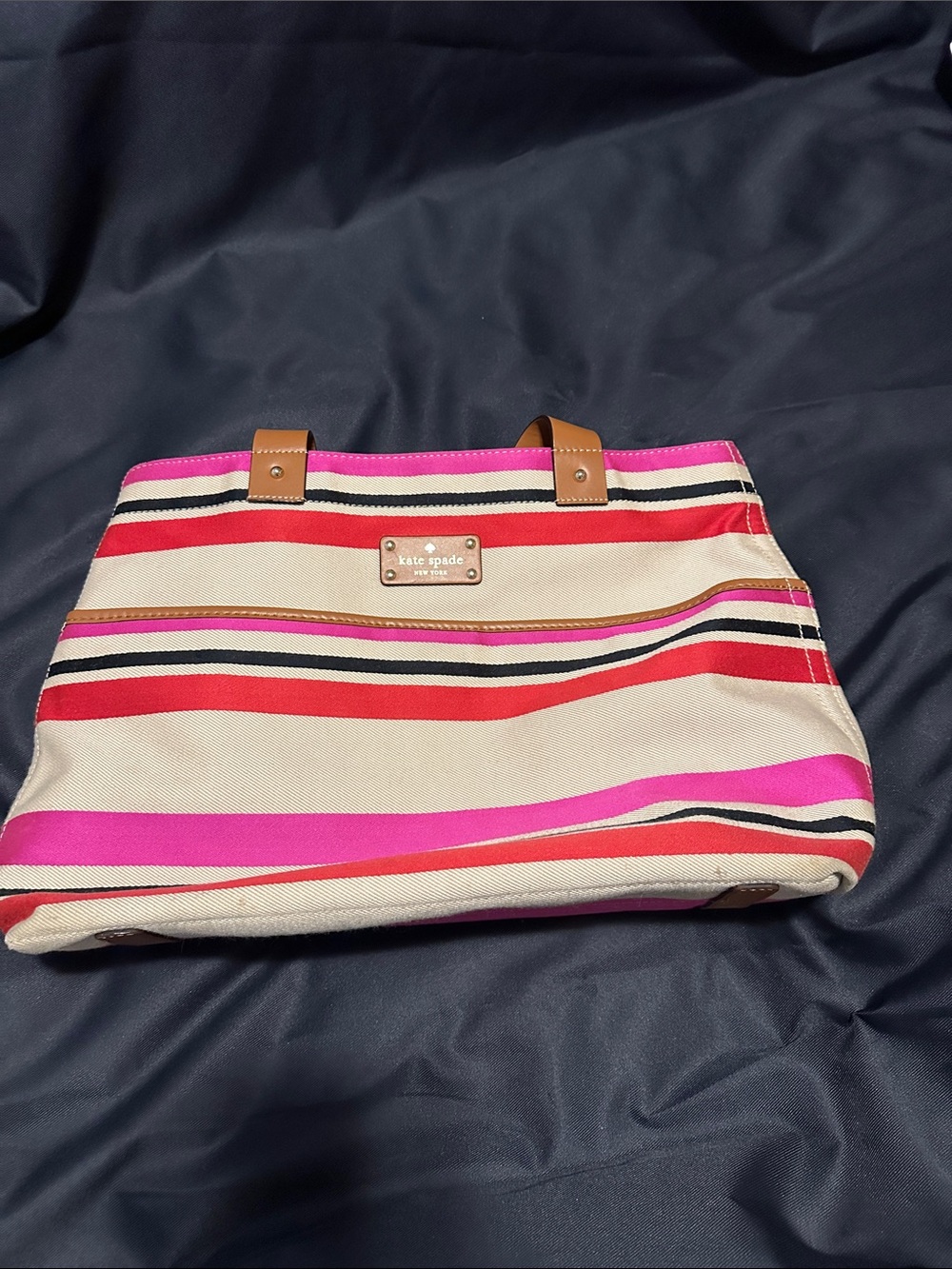 kate spade Cream Canvas Tote with Pink & Red Stripes
